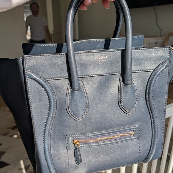 CELINE Calf Leather Tote Bag Navy Luggage Mini 11.8in Gold Authentic Women - Picture 6 of 13